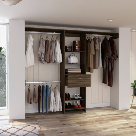 250 Closet System British, One Drawer, Three Metal Rods, Dark Walnut Finish