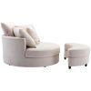 360° Swivel Accent Barrel Chair with Storage Ottoman & 4 Pillows, Modern Linen Leisure Chair Round Accent for Living Room,Creamy White