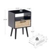 15.75" Rattan End table with drawer and solid wood legs; Modern nightstand; side table for living roon; bedroom; black