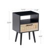 15.75" Rattan End table with drawer and solid wood legs; Modern nightstand; side table for living roon; bedroom; black