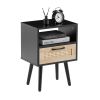 15.75" Rattan End table with drawer and solid wood legs; Modern nightstand; side table for living roon; bedroom; black