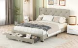 Queen Size Storage Bed Linen Upholstered Platform Bed with Two Drawers - Beige