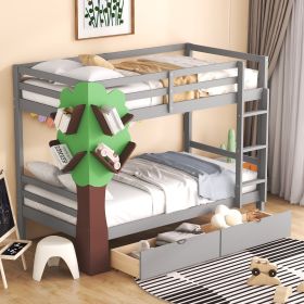 Twin-Over-Twin Bunk Bed with a Tree Decor and Two Storage Drawers (Color: Gray)